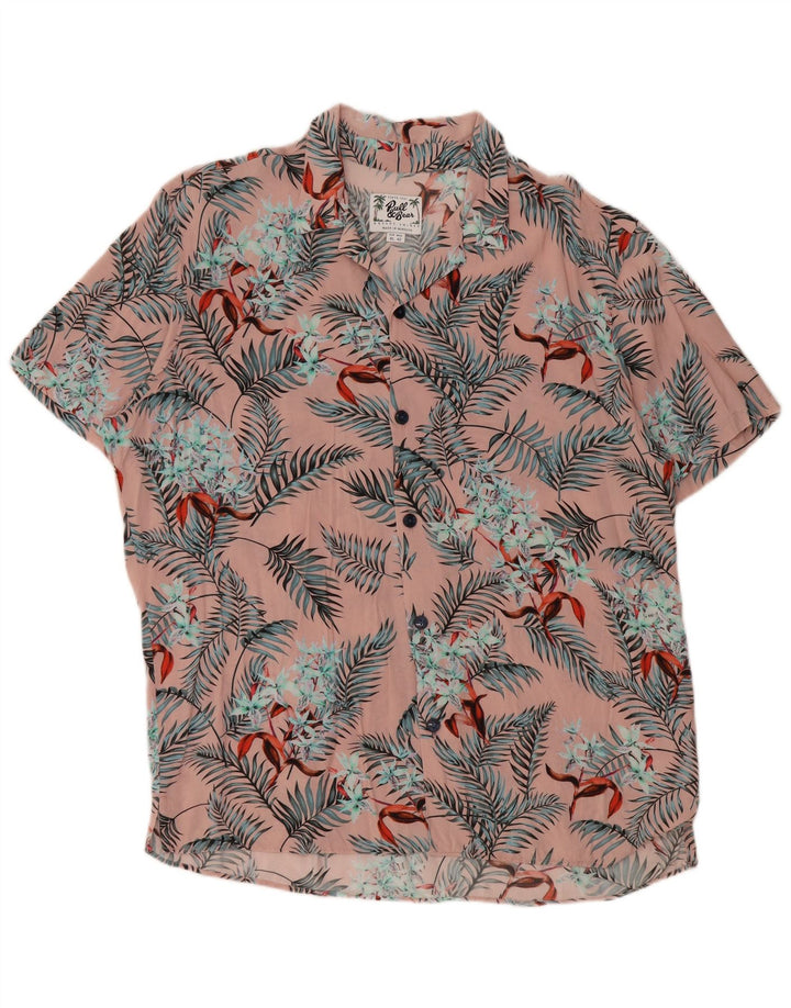 PULL & BEAR Mens Short Sleeve Shirt XL Pink Floral Viscose Hawaiian