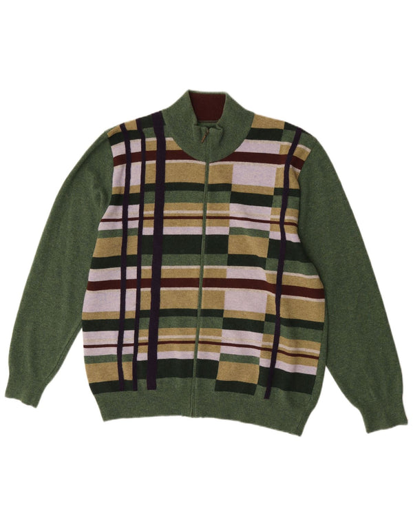 Folk Mens Cardigan Sweater Large Green Geometric Merino Wool