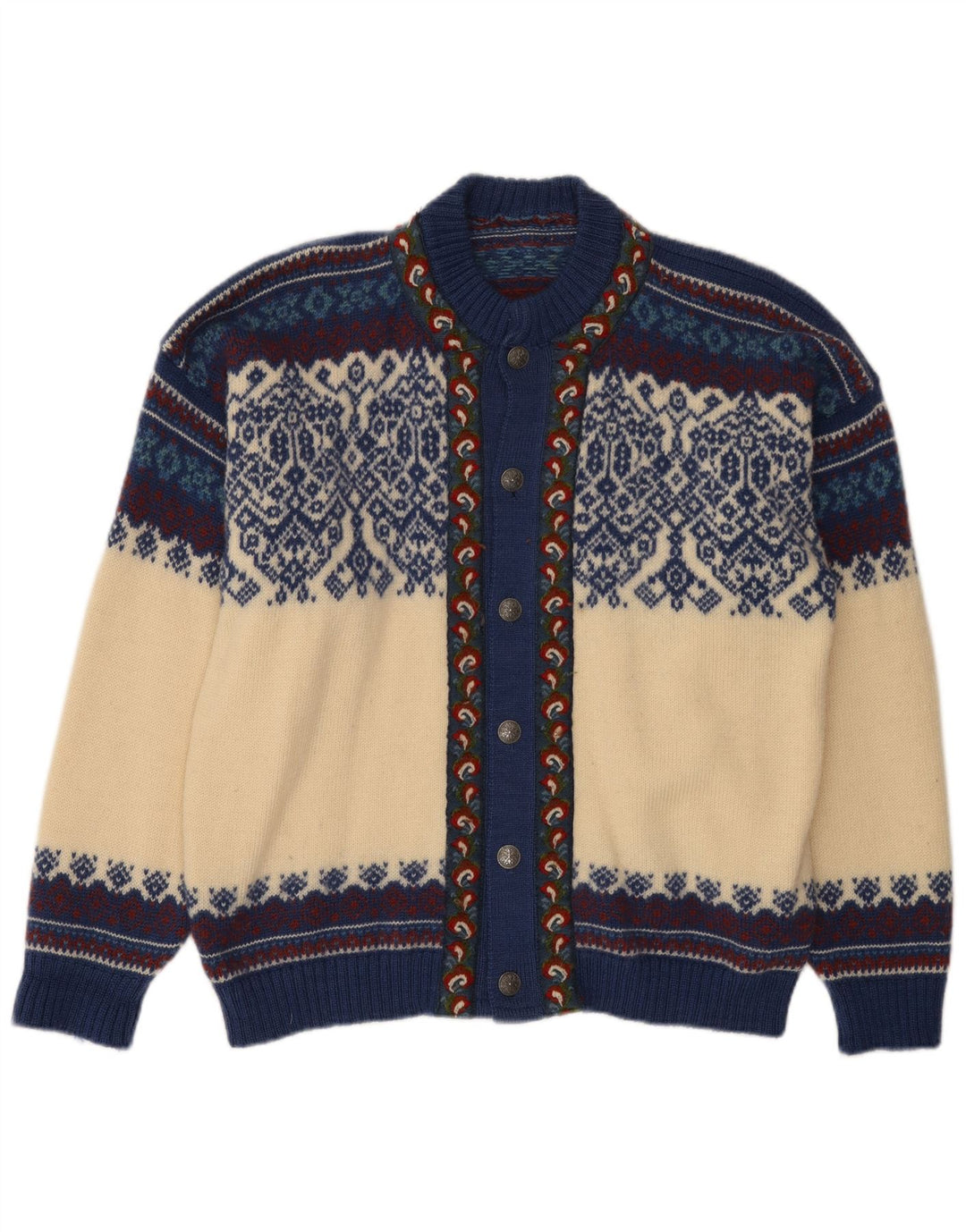 Vintage Mens Cardigan Sweater Large Off White Fair Isle