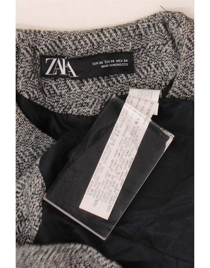 Zara Womens Longline Full Zip Blazer Jacket UK 6 XS Grey Herringbone Cotton