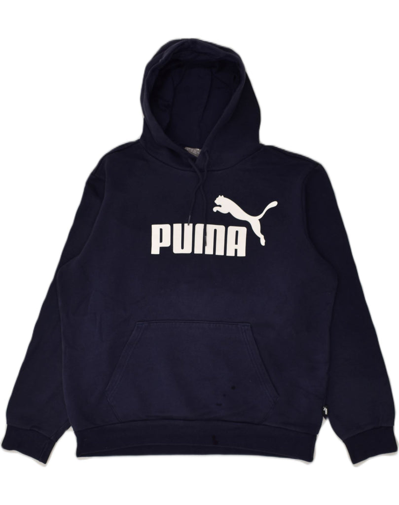 PUMA Mens Graphic Hoodie Jumper Medium Navy Blue Cotton | Vintage Puma | Thrift | Second-Hand Puma | Used Clothing | Messina Hembry 