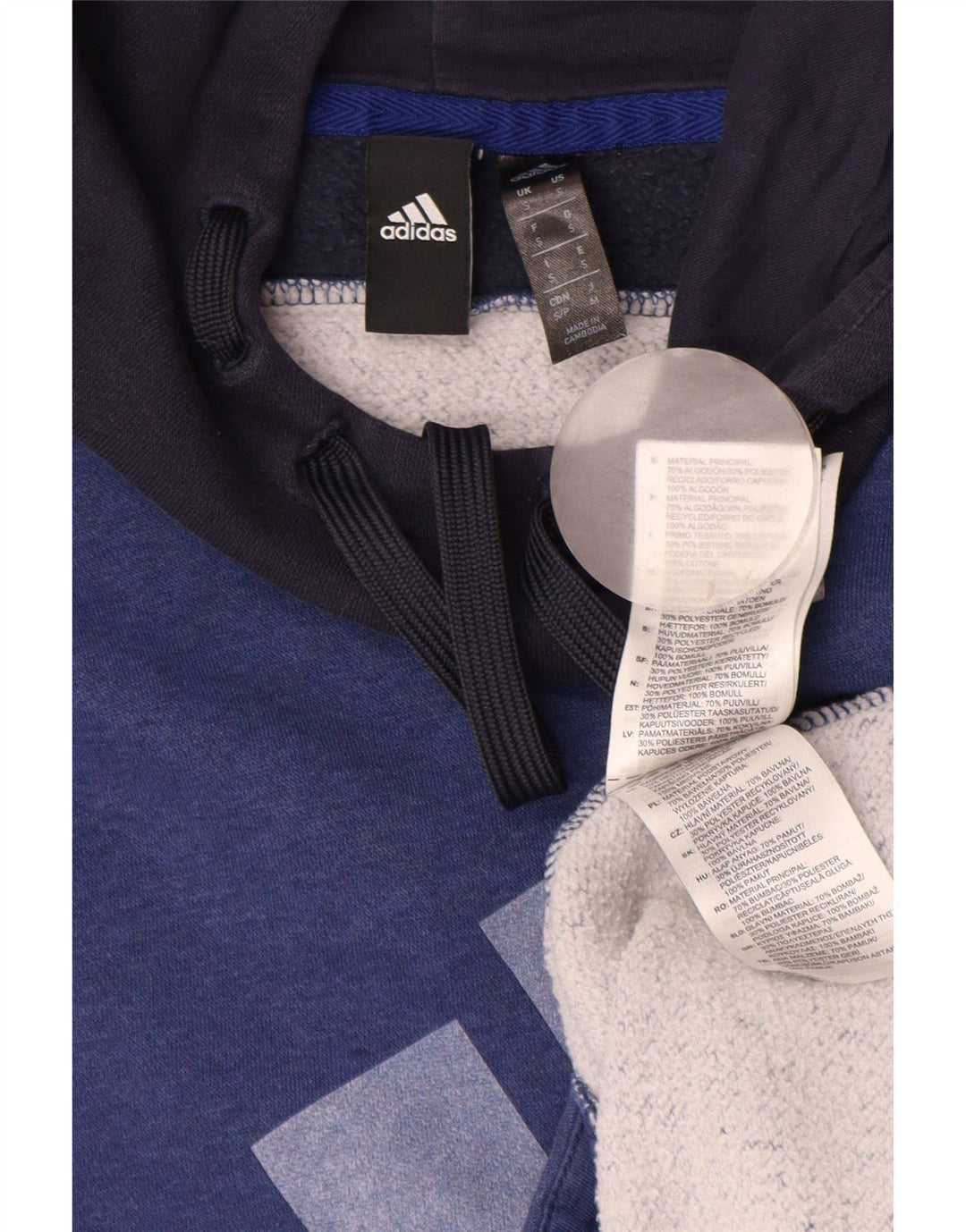 ADIDAS Mens Graphic Hoodie Jumper Small Navy Blue Colourblock Cotton