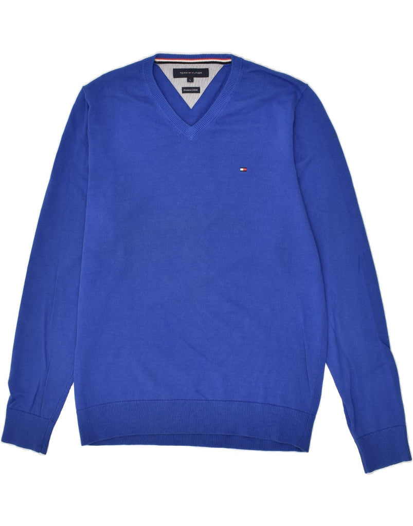 TOMMY HILFIGER Mens V-Neck Jumper Sweater Large Blue Cotton | Vintage Tommy Hilfiger | Thrift | Second-Hand Tommy Hilfiger | Used Clothing | Messina Hembry 