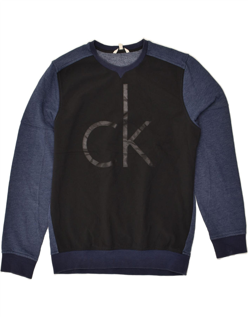 CALVIN KLEIN Womens Graphic Sweatshirt Jumper UK 16 Large Navy Blue | Vintage Calvin Klein | Thrift | Second-Hand Calvin Klein | Used Clothing | Messina Hembry 