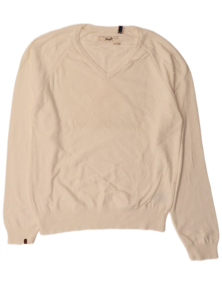 WRANGLER Mens Fitted V-Neck Jumper Sweater XL Off White Cotton
