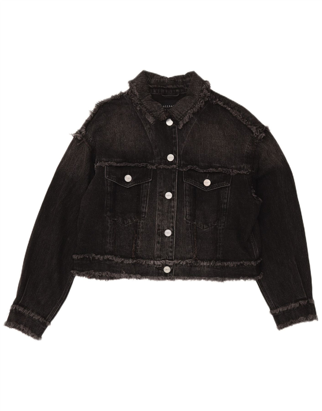 All Saints Womens Crop Oversized Denim Jacket UK 10 Small Black Cotton