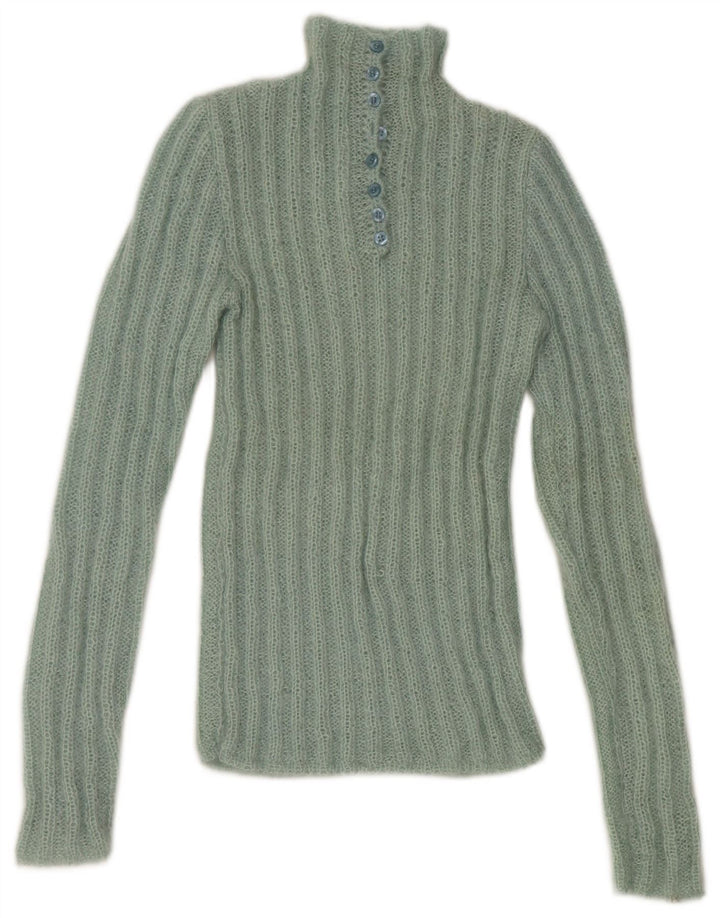 Vintage Womens Button Neck Jumper Sweater UK 6 XS Green