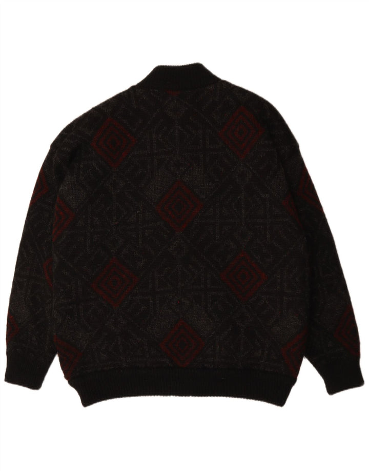 VINTAGE Mens Cardigan Sweater XL Black Geometric Wool