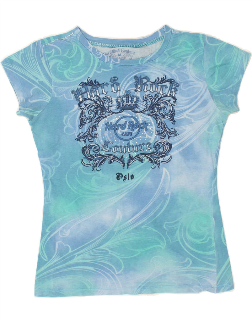 HARD ROCK CAFE Womens Oslo Graphic T-Shirt Top UK 12 Medium Blue Floral | Vintage Hard Rock Cafe | Thrift | Second-Hand Hard Rock Cafe | Used Clothing | Messina Hembry 