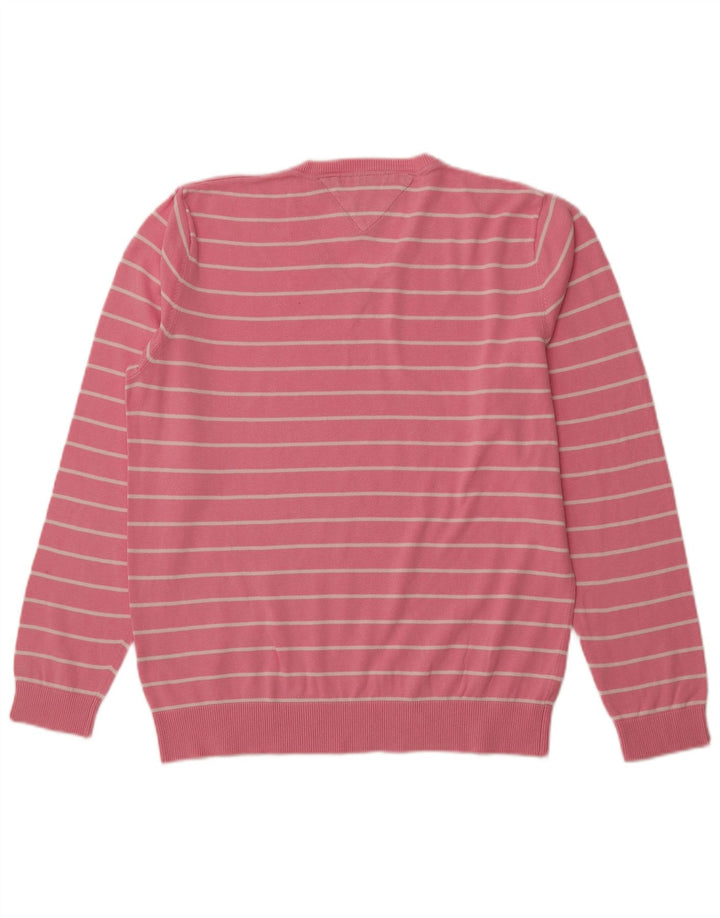 TOMMY HILFIGER Mens V-Neck Jumper Sweater Large Pink Striped Cotton