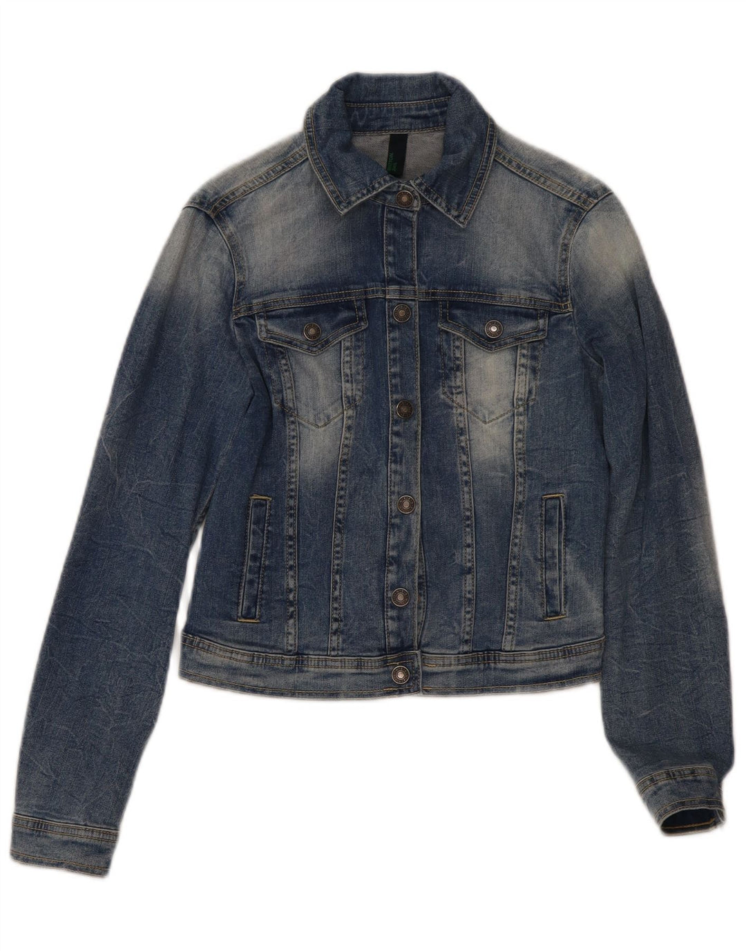 Benetton Womens Crop Denim Jacket UK 10 Small Blue Cotton