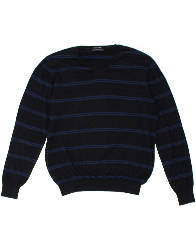 MASSIMO DUTTI Mens V-Neck Jumper Sweater Size 42 XL Navy Blue Striped | Vintage Massimo Dutti | Thrift | Second-Hand Massimo Dutti | Used Clothing | Messina Hembry 