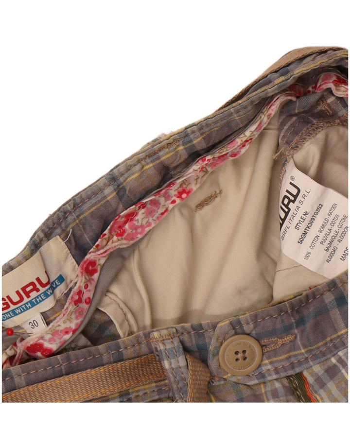 Guru Mens Chino Shorts W30 Medium Blue Check Cotton