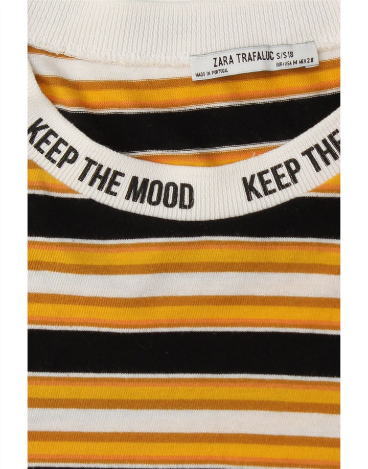 Zara Womens Graphic T-Shirt Top UK 12 Medium Yellow Striped