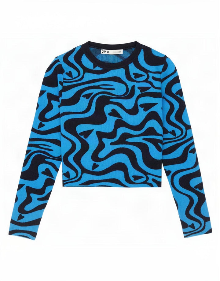Zara Womens Abstract Pattern Crop Top Long Sleeve UK 8 Small Blue Polyester