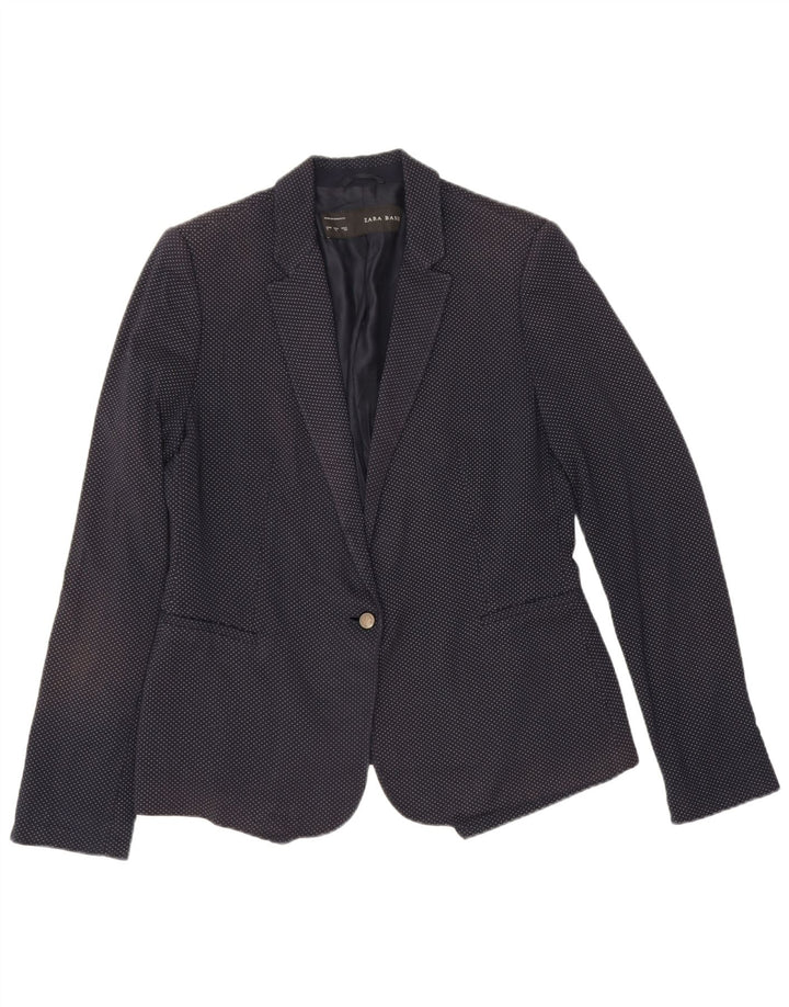 Zara Womens 1 Button Blazer Jacket UK 14 Large Navy Blue Spotted