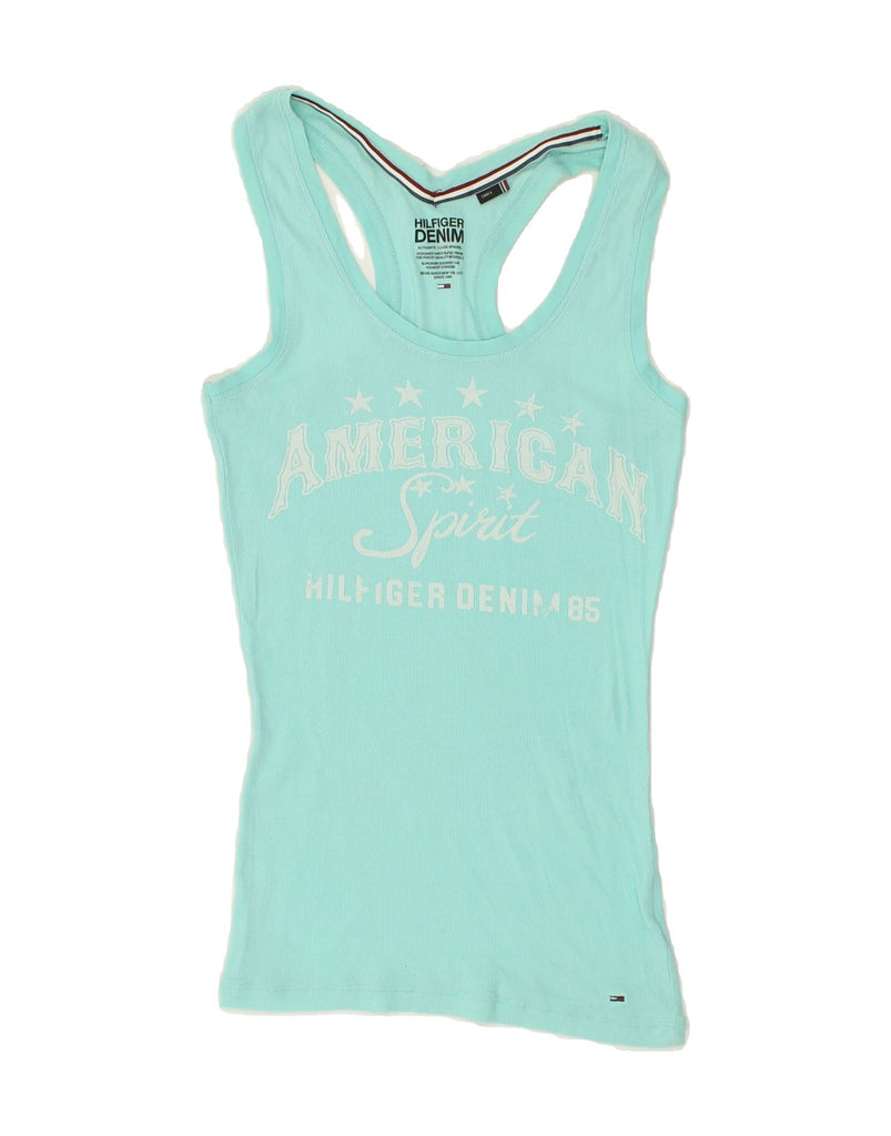 TOMMY HILFIGER Womens Graphic Vest Top UK 10 Small Turquoise | Vintage Tommy Hilfiger | Thrift | Second-Hand Tommy Hilfiger | Used Clothing | Messina Hembry 