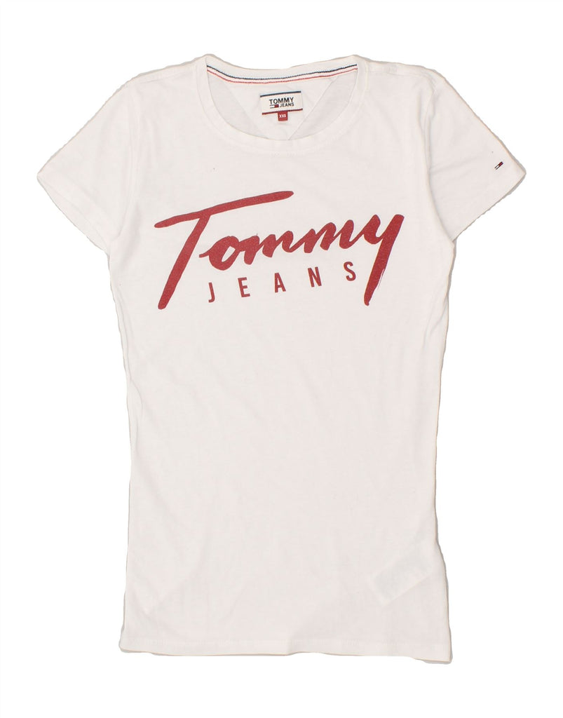 TOMMY HILFIGER Womens Graphic T-Shirt Top UK 2 2XS White Cotton Vintage Tommy Hilfiger and Second-Hand Tommy Hilfiger from Messina Hembry 