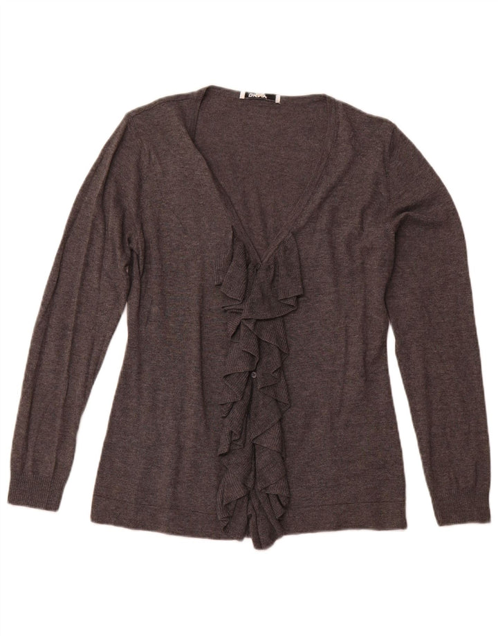 Dkny Womens Ruffle Front Cardigan Sweater UK 12 Medium Grey Cotton