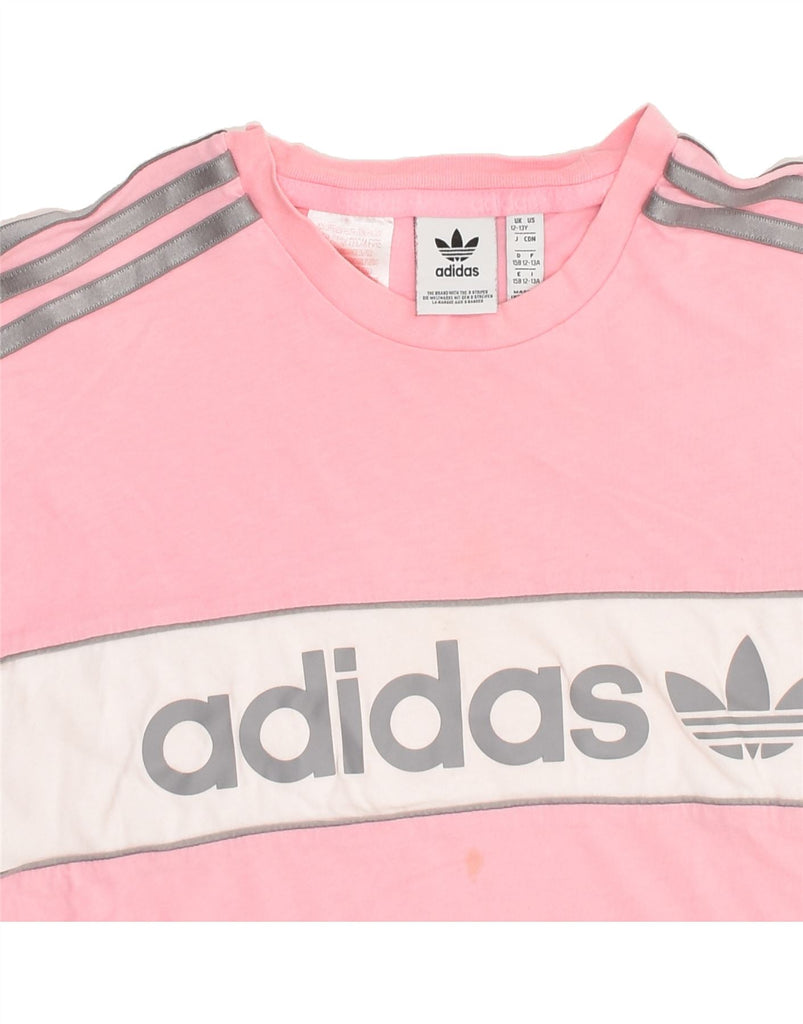 ADIDAS Girls Crop Graphic T-Shirt Top 12-13 Years Pink Colourblock Cotton | Vintage Adidas | Thrift | Second-Hand Adidas | Used Clothing | Messina Hembry 