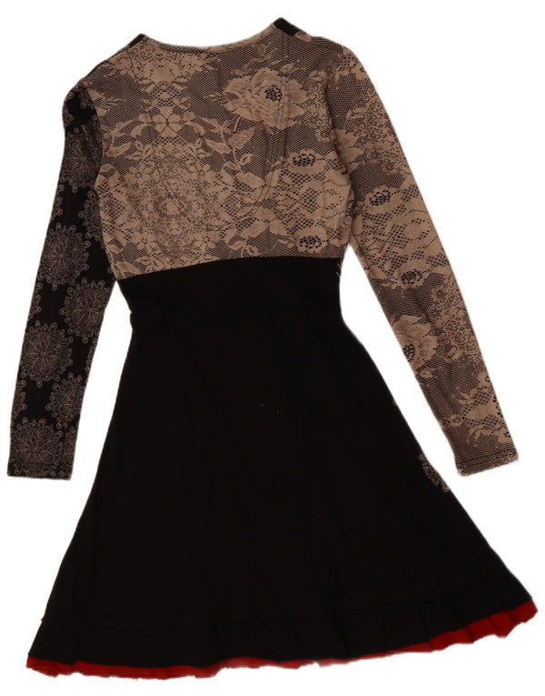 Desigual Womens Graphic Long Sleeve A-Line Dress UK 10 Small Black Floral