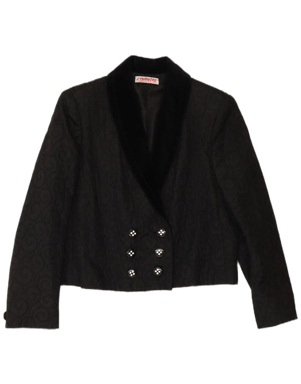 VINTAGE Womens Double Breasted Blazer Jacket UK 14 Medium Black Paisley