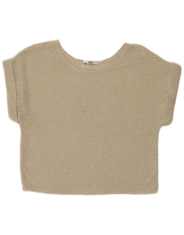Zara Womens Crop Knit Blouse Top UK 16 Large Beige