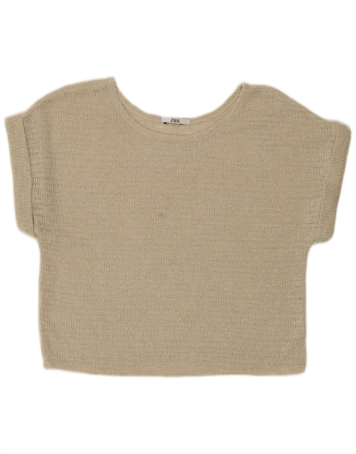 Zara Womens Crop Knit Blouse Top UK 16 Large Beige