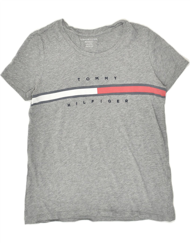 TOMMY HILFIGER Womens Relaxed Fit Graphic T-Shirt Top UK 6 XS Grey Cotton | Vintage Tommy Hilfiger | Thrift | Second-Hand Tommy Hilfiger | Used Clothing | Messina Hembry 