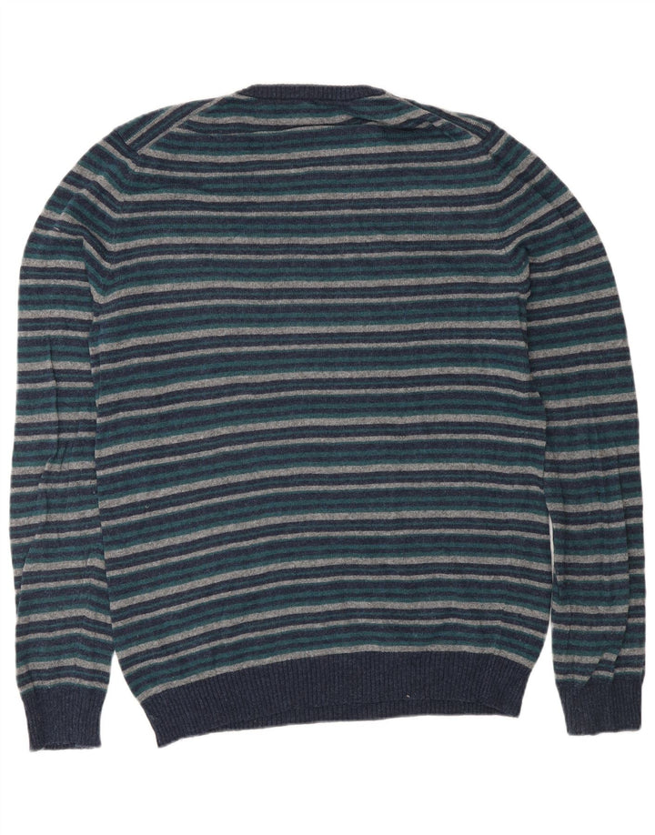 BENETTON Mens Crew Neck Jumper Sweater Large Navy Blue Striped Wool
