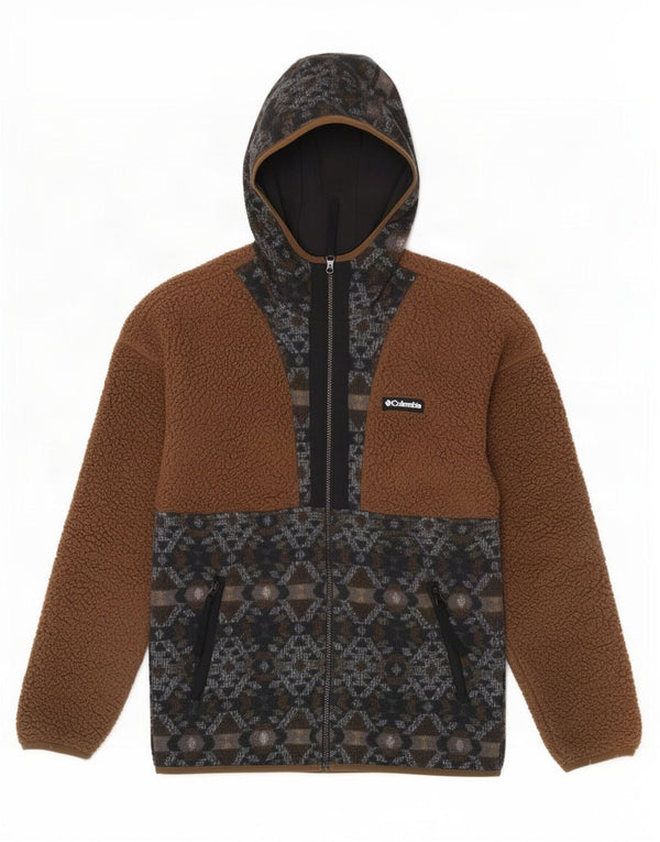 Columbia Mens Hooded Fleece Jacket UK 36 Small Brown Geometric Polyester