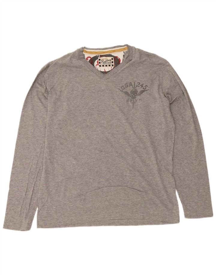REPLAY Mens Graphic Top Long Sleeve Large Grey Cotton
