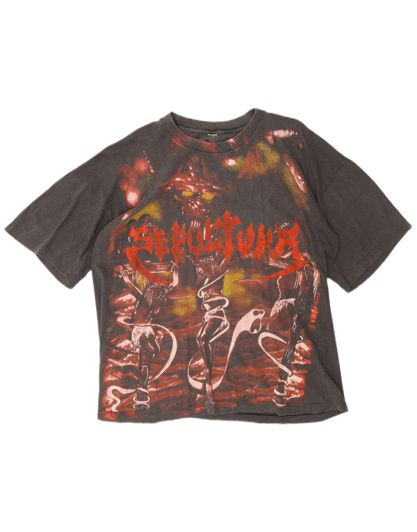 Vintage Mens Sepulrura 1986 Graphic T-Shirt Top Large Grey Metal