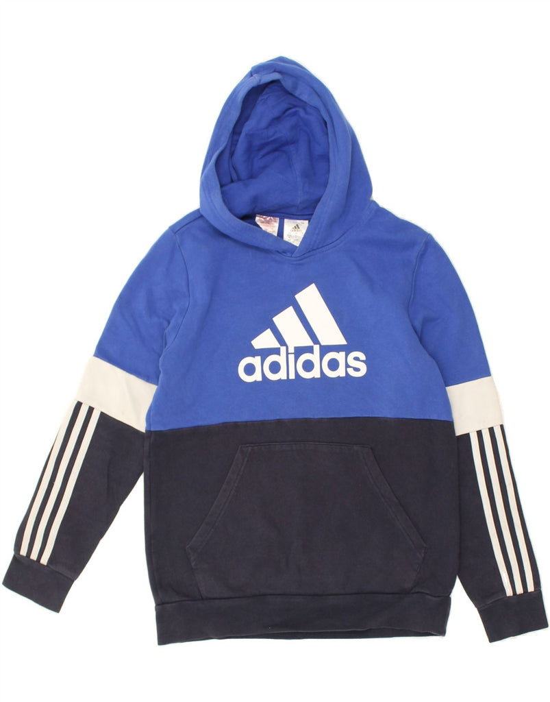 ADIDAS Boys Graphic Hoodie Jumper 13-14 Years Blue Colourblock | Vintage Adidas | Thrift | Second-Hand Adidas | Used Clothing | Messina Hembry 