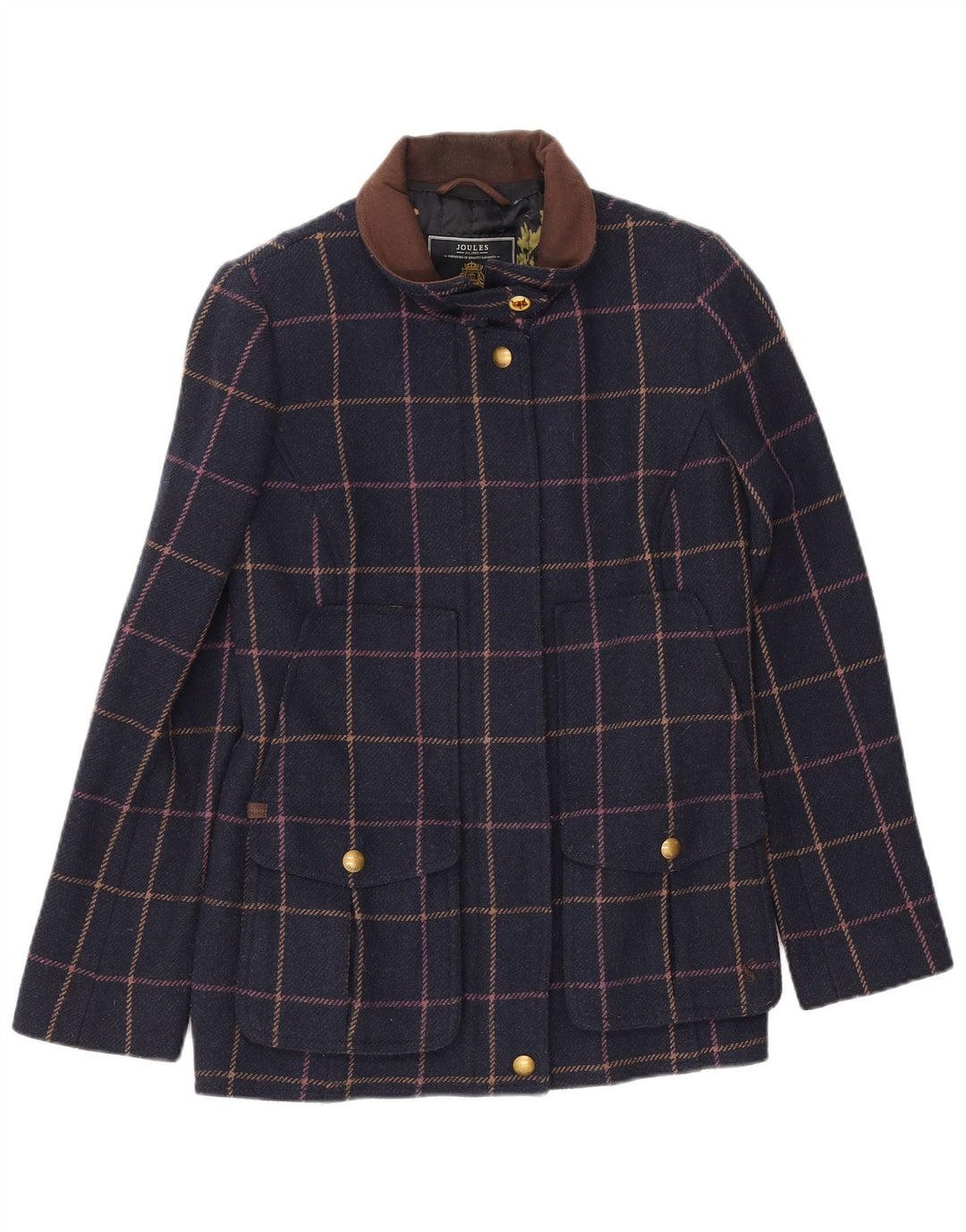 Joules Womens Bomber Jacket UK 12 Medium Navy Blue Check Wool