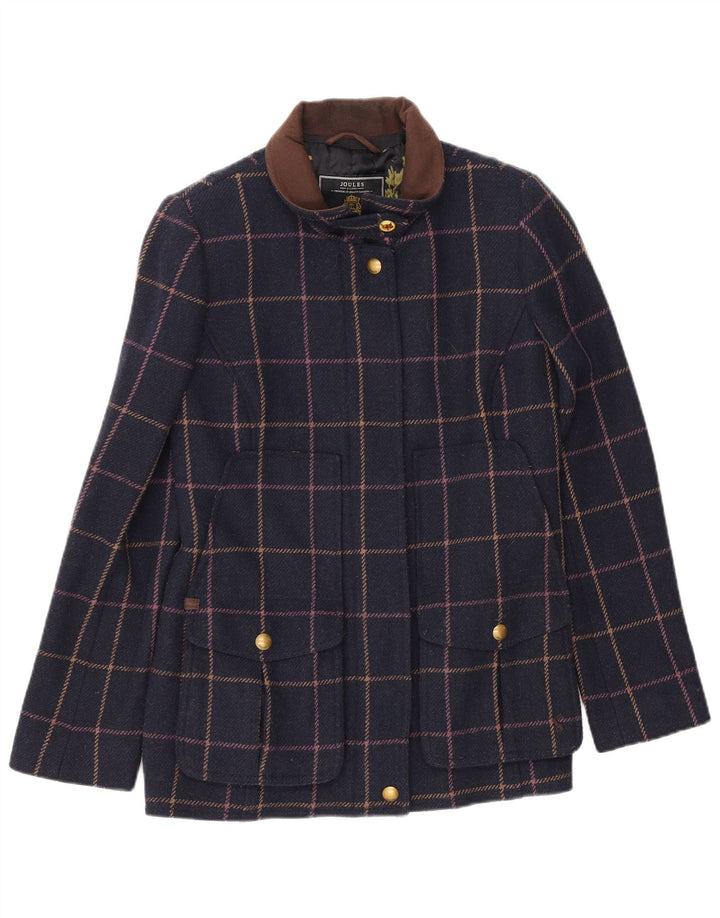 Joules Womens Bomber Jacket UK 12 Medium Navy Blue Check Wool