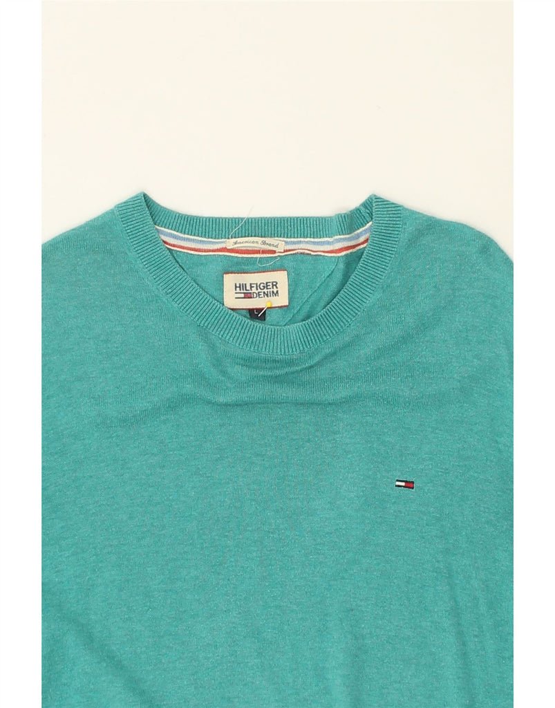 TOMMY HILFIGER Mens Crew Neck Jumper Sweater Large Turquoise Cotton | Vintage Tommy Hilfiger | Thrift | Second-Hand Tommy Hilfiger | Used Clothing | Messina Hembry 