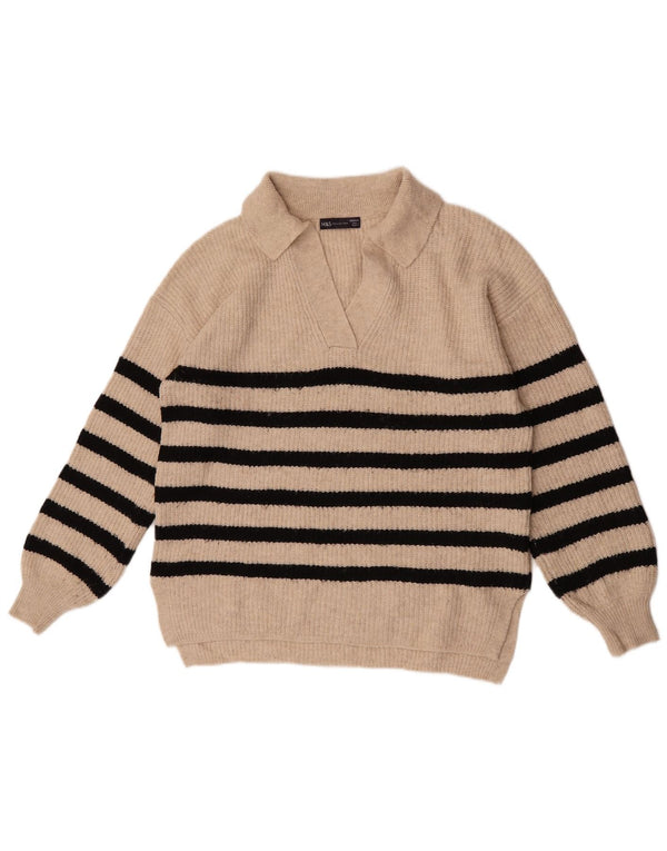 Marks & Spencer Womens Polo Neck Jumper Sweater UK 14 Medium Beige Striped