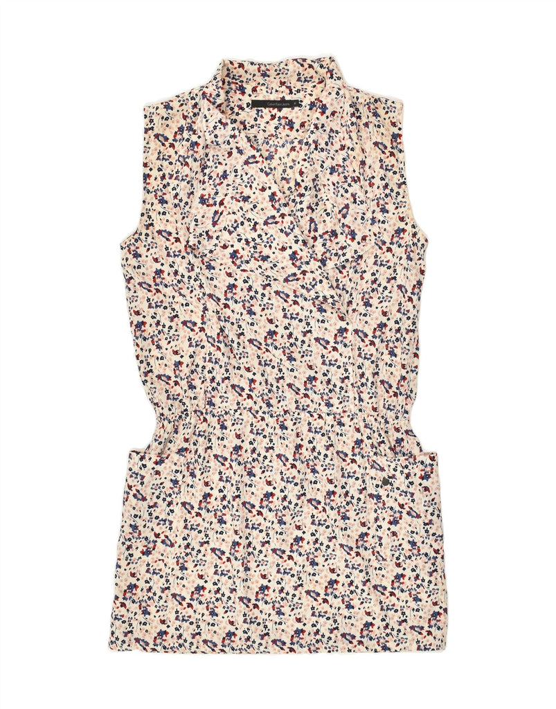 CALVIN KLEIN JEANS Womens Sleeveless Shirt Dress UK 14 Medium Beige Floral | Vintage Calvin Klein Jeans | Thrift | Second-Hand Calvin Klein Jeans | Used Clothing | Messina Hembry 