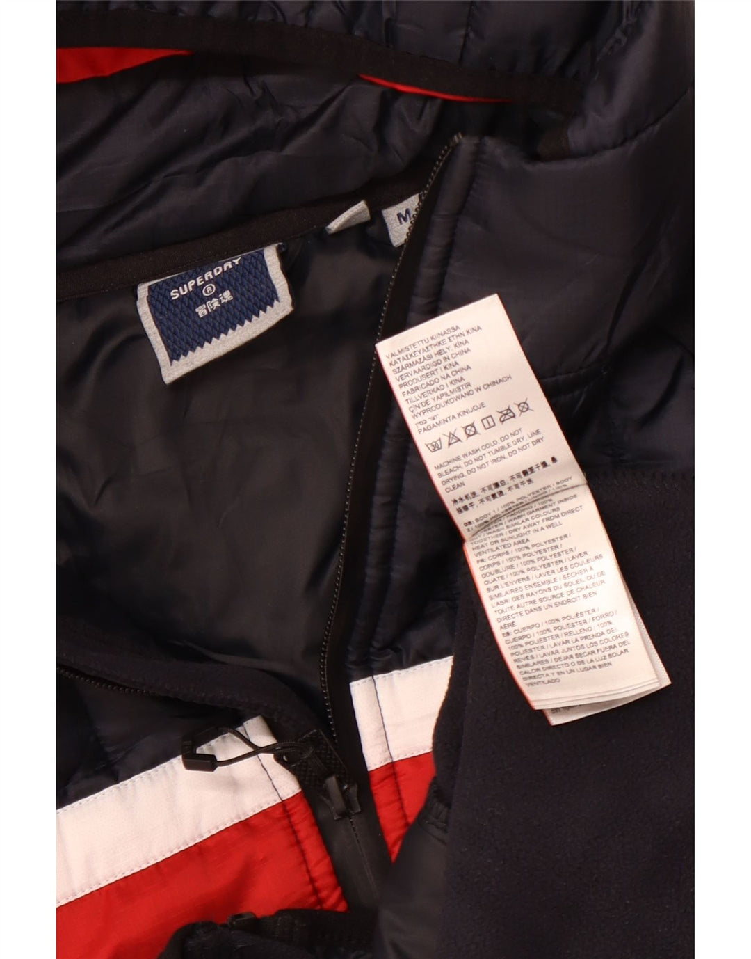 SUPERDRY Mens Hooded Bomber Jacket UK 38 Medium Navy Blue Colourblock