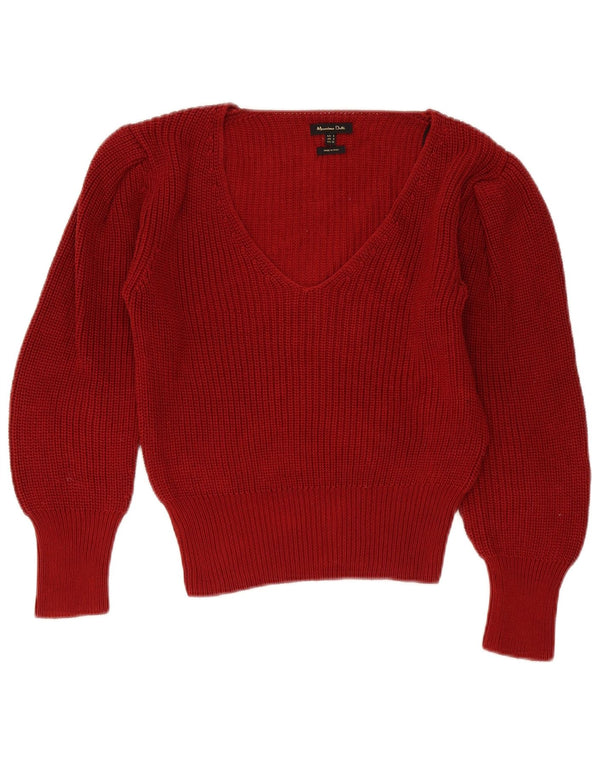 Massimo Dutti Womens Crop V-Neck Jumper Sweater UK 10 Small Red Cotton