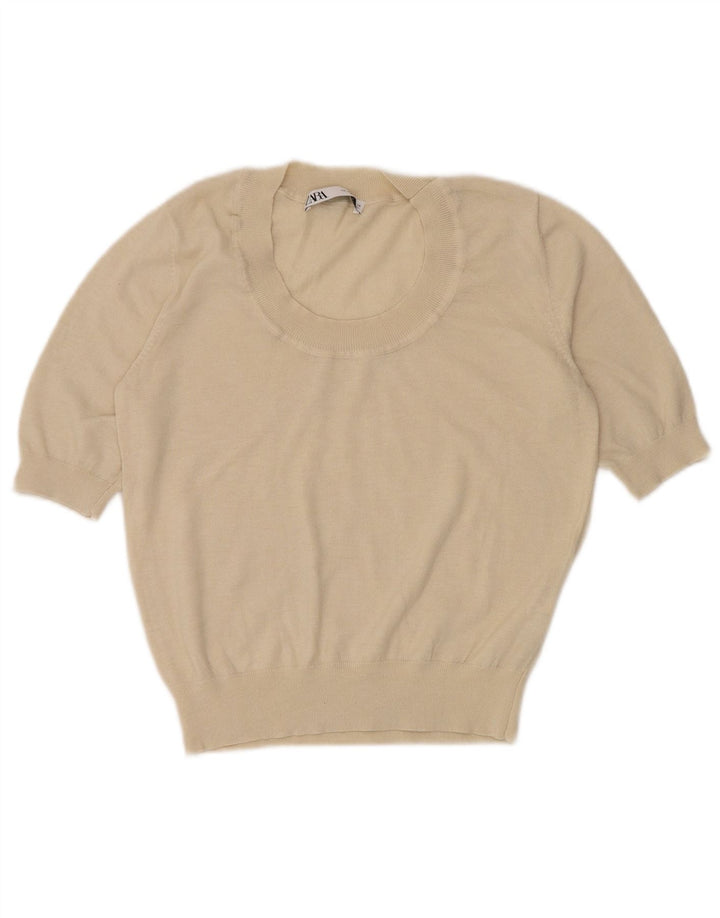 Zara Womens Short Sleeve Blouse Top UK 12 Medium Off White Nylon