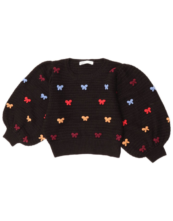 Zara Womens Crop 3/4 Sleeve Boat Neck Jumper Sweater UK 10 Small Black