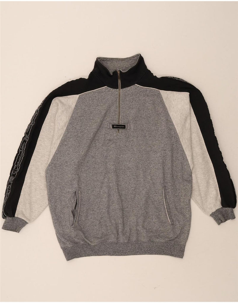 CHAMPION Mens Graphic Zip Neck Sweatshirt Jumper XL Grey Colourblock Vintage Champion and Second-Hand Champion from Messina Hembry 