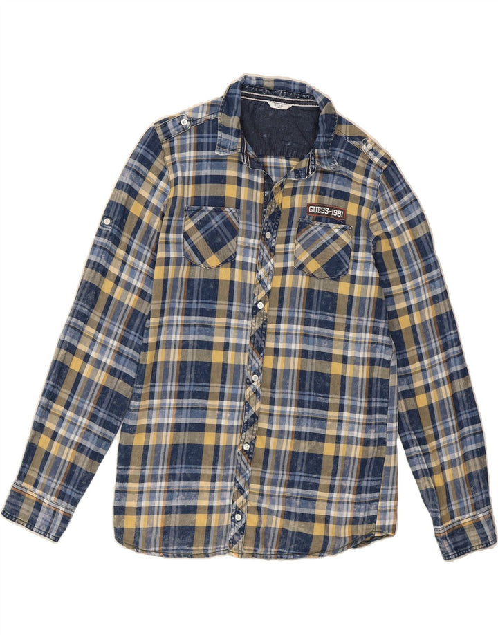 GUESS Boys Flannel Shirt 15-16 Years Blue Check Cotton Vintage Guess and Second-Hand Guess from Messina Hembry 
