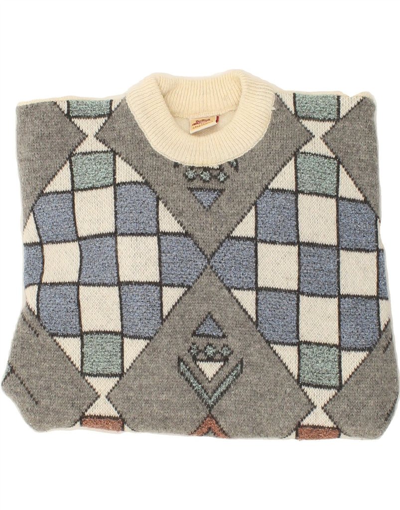 VINTAGE Mens Crew Neck Jumper Sweater Medium White Geometric New Wool Vintage Vintage and Second-Hand Vintage from Messina Hembry 