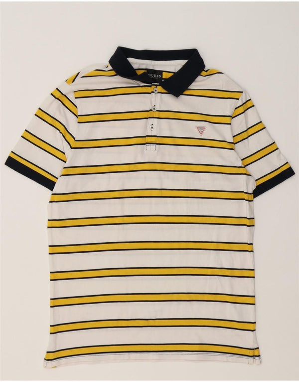 Guess Mens Polo Shirt Large White Striped Cotton