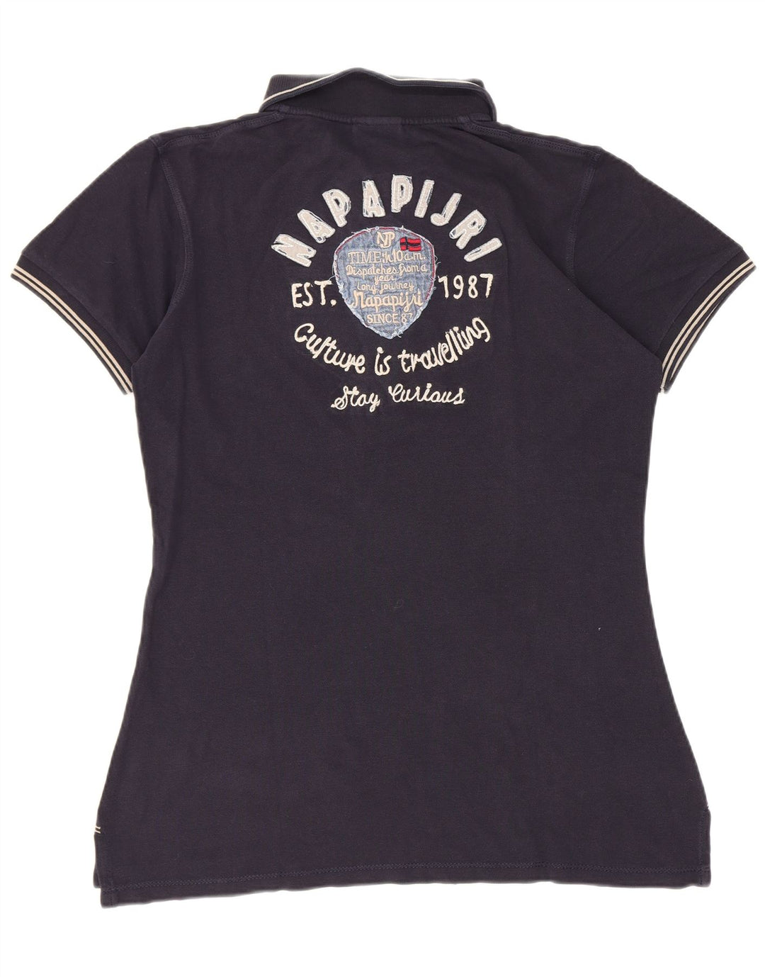 Napapijri Womens Graphic Polo Shirt UK 14 Large Navy Blue