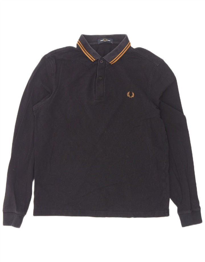 Fred Perry Mens Long Sleeve Polo Shirt Medium Navy Blue Striped Cotton