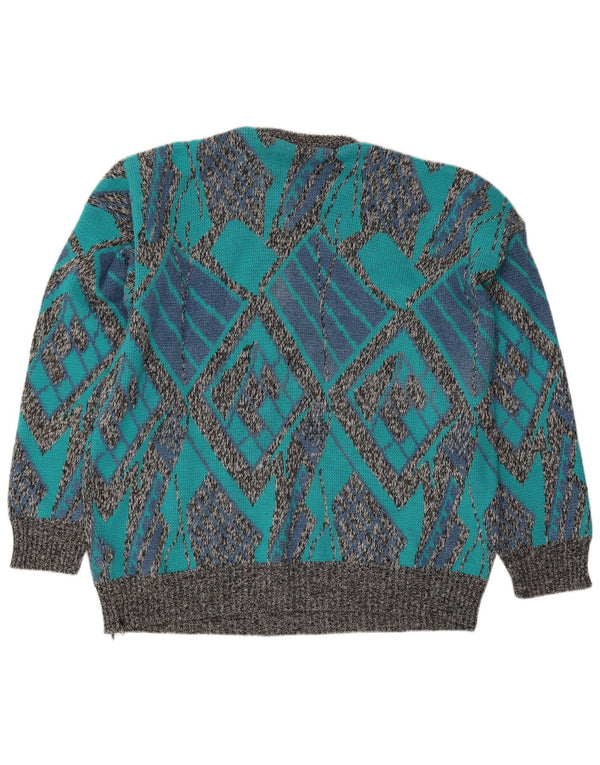 Vintage Mens Crew Neck Jumper Sweater Large Blue Geometric Acrylic